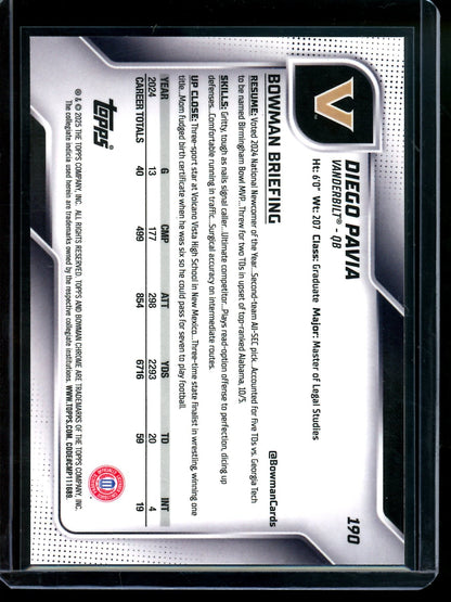 2025 Bowman Chrome Diego Pavia 1st Gold Refractor /50 Vanderbilt