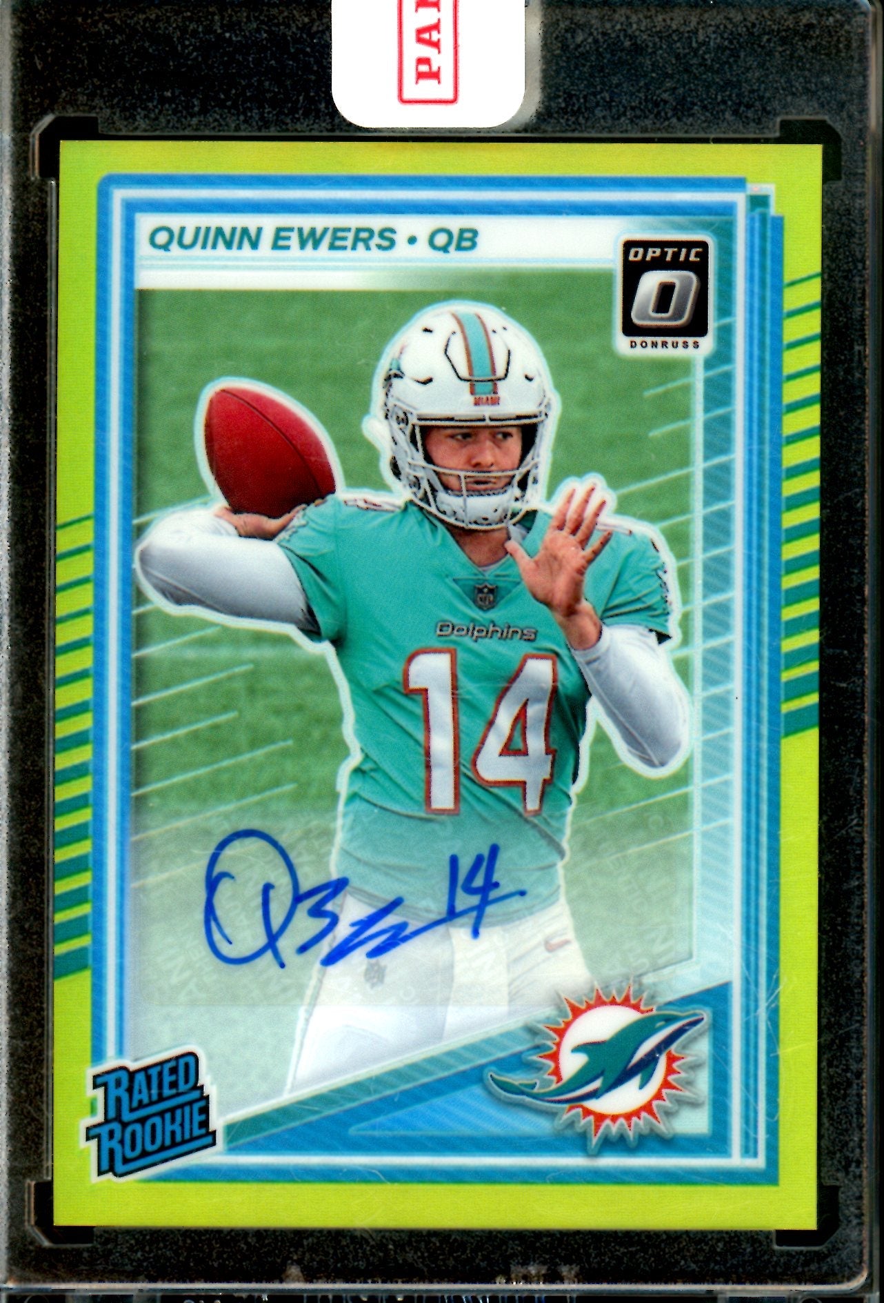2025 Panini Optic Quinn Ewers Rated Rookie Autograph Encased Yellow /99 Dolphins