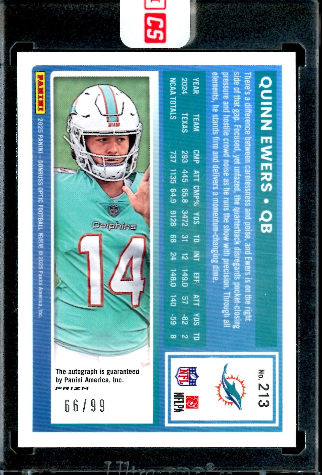 2025 Panini Optic Quinn Ewers Rated Rookie Autograph Encased Yellow /99 Dolphins
