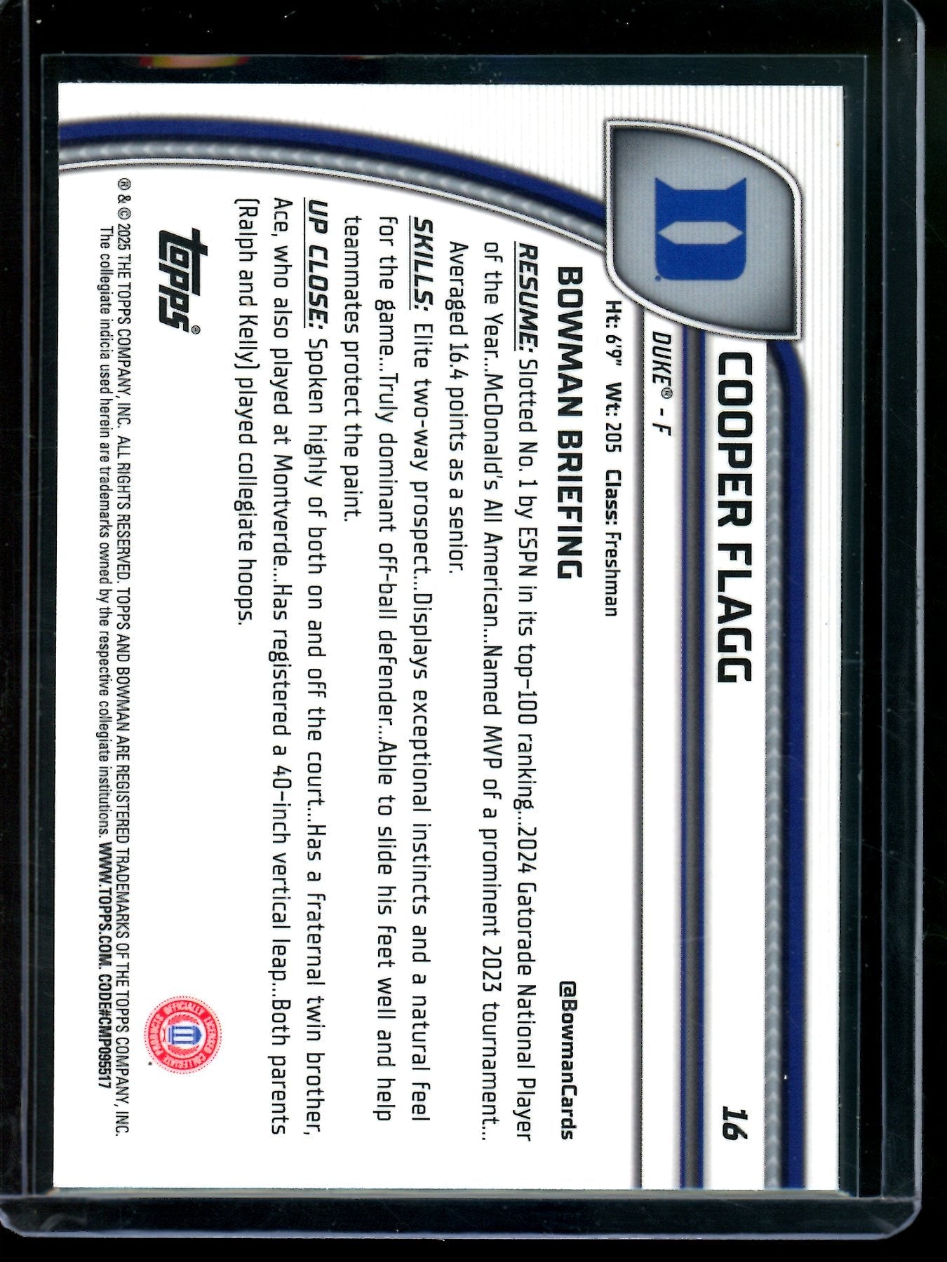 2025 Bowman Chrome U Cooper Flagg 1st Black Wave Duke