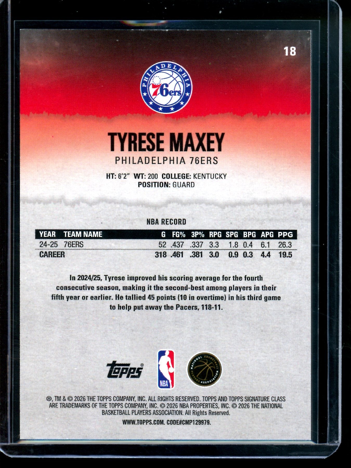 2026 Topps Signature Class Tyrese Maxey Red /25 76ers