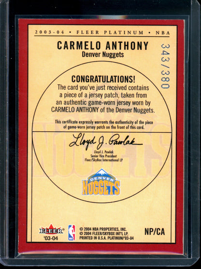 2003 Fleer Platinum Carmelo Anthony Rookie Jersey Relic /380 Nuggets