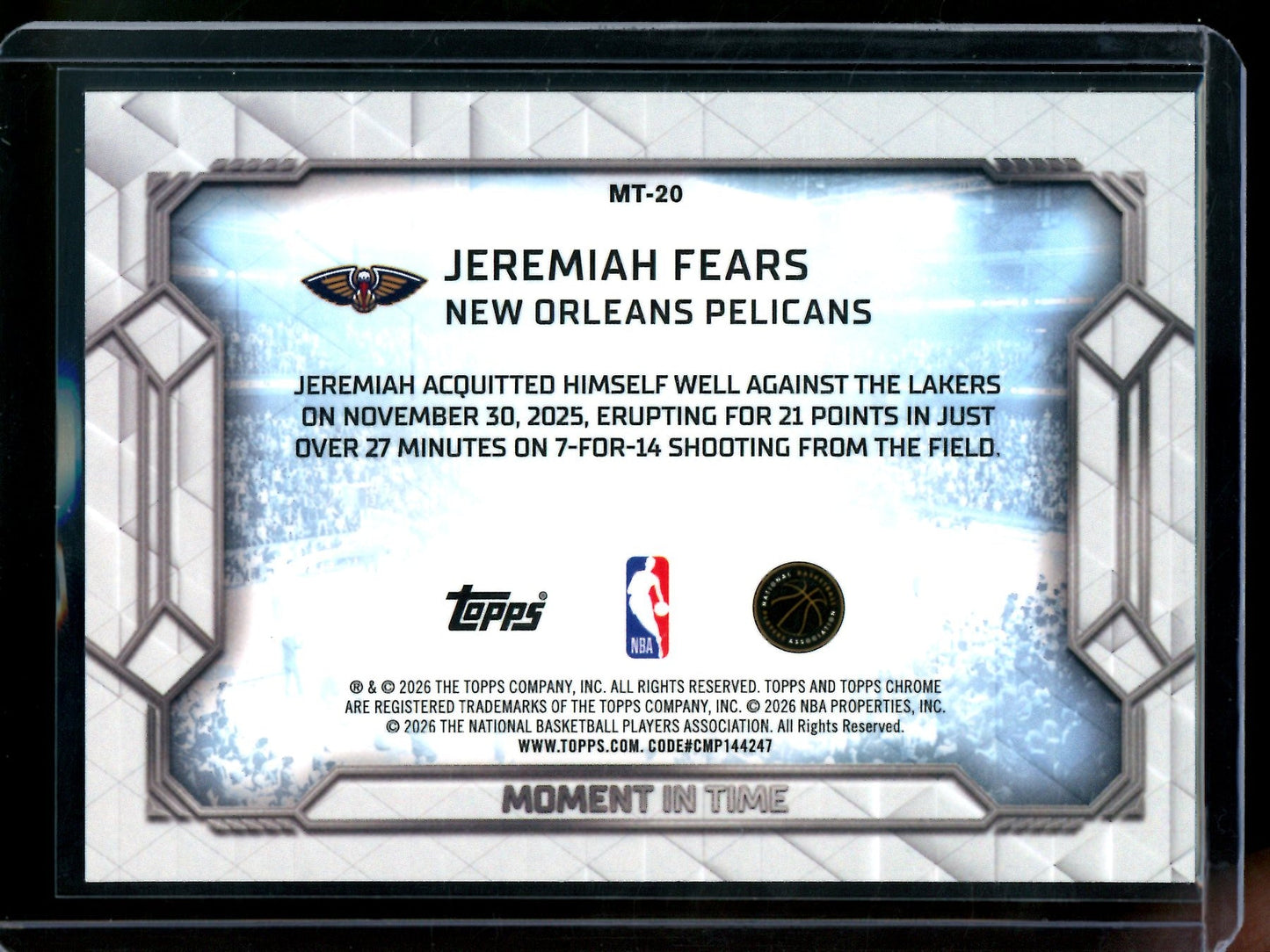 2026 Topps Chrome Jeremiah Fears Moment in Time Rookie Aqua /199 Pelicans