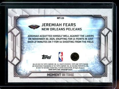 2026 Topps Chrome Jeremiah Fears Moment in Time Rookie Aqua /199 Pelicans