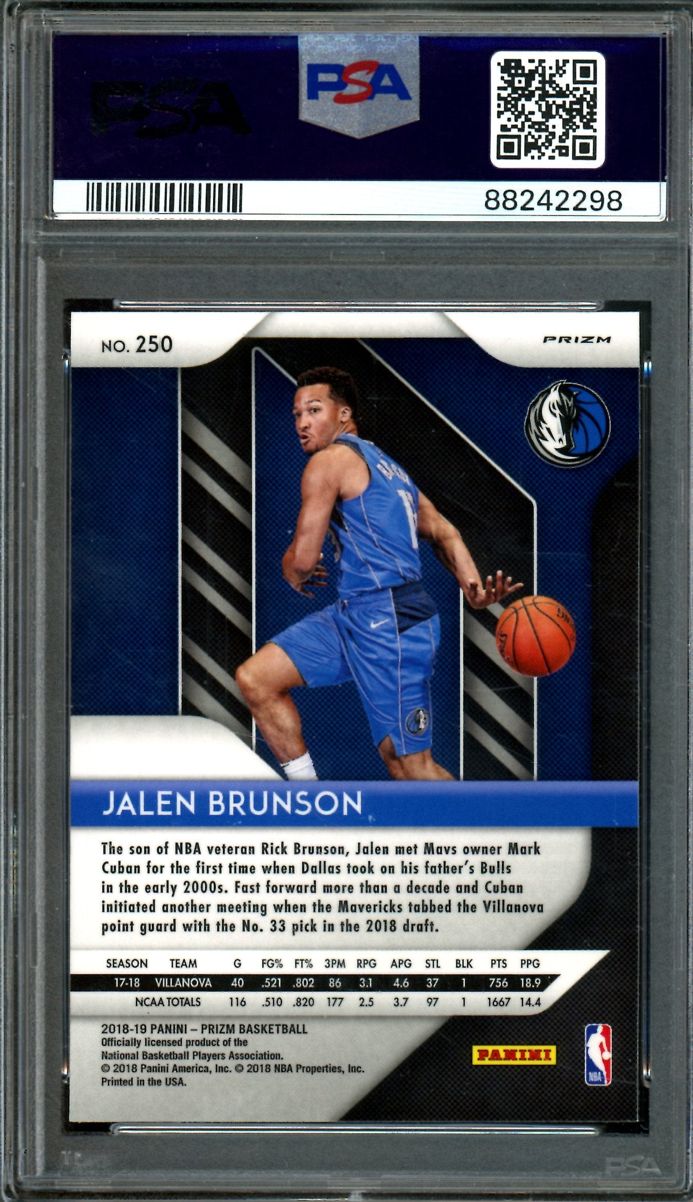 2018 Panini Prizm Jalen Brunson Silver Prizm Rookie #250 PSA 10 Knicks