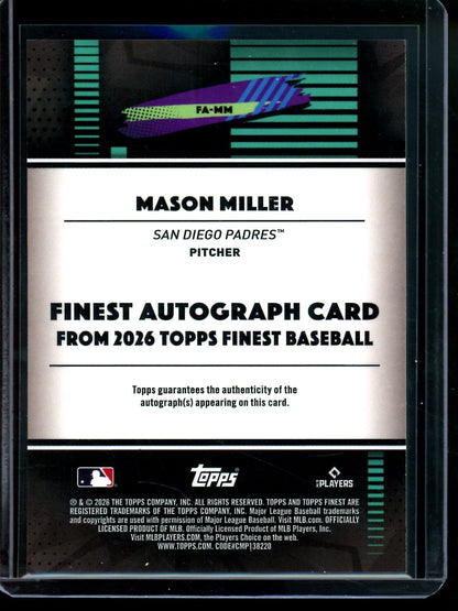 2026 Topps Finest Mason Miller Sky Blue Refractor Autograph /199 Padres