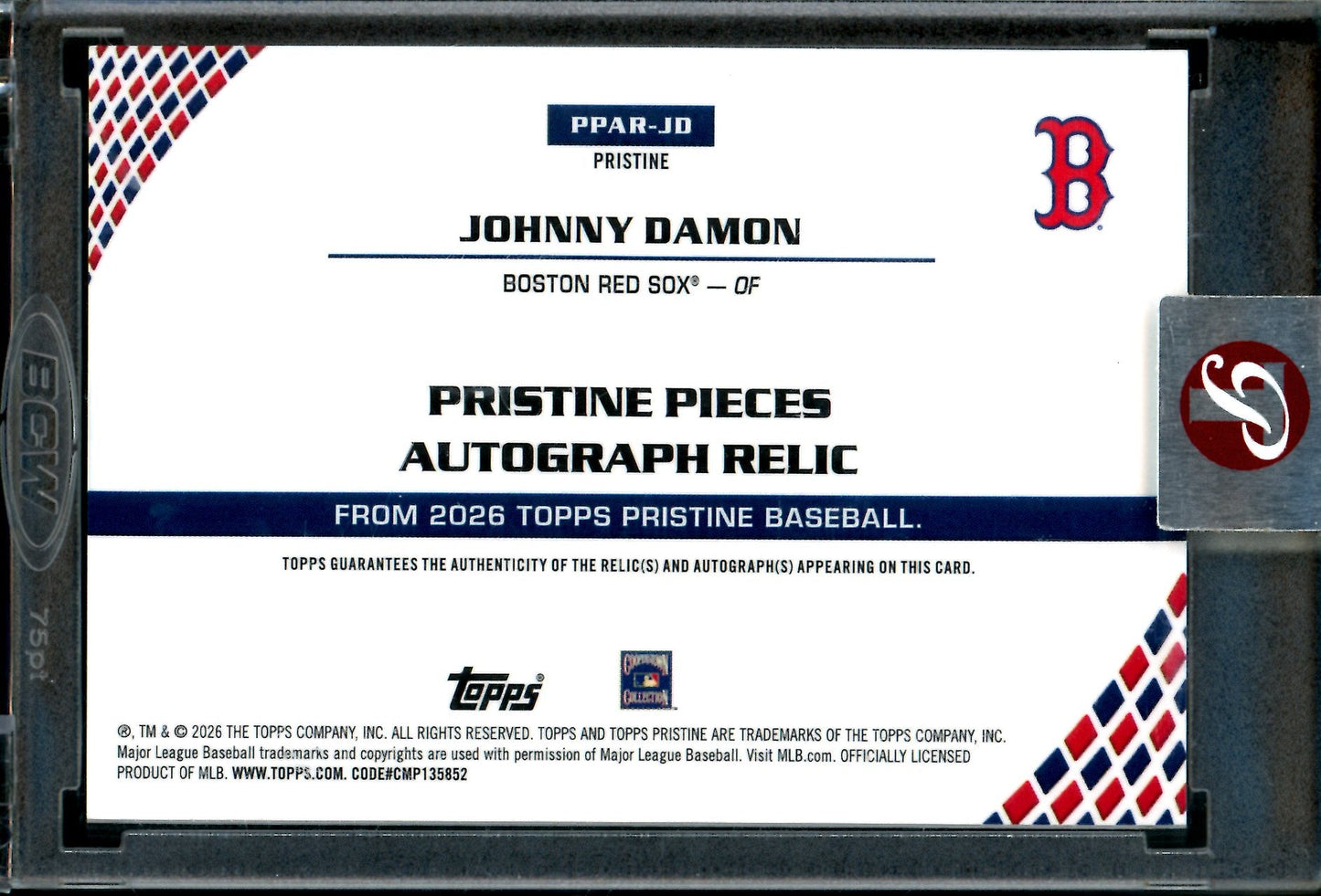 2026 Topps Pristine Johnny Damon Patch Autograph Encased /99 Red Sox