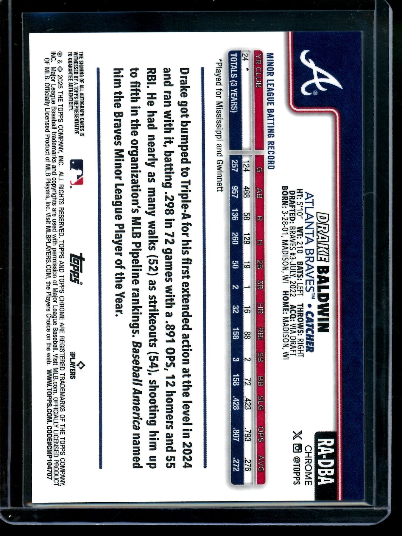 2025 Topps Chrome Drake Baldwin Rookie Autograph Braves