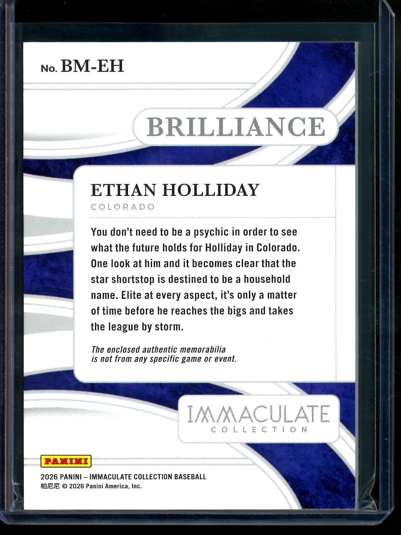 2026 Panini Immaculate Ethan Holliday Brilliance Relic /49 Rockies