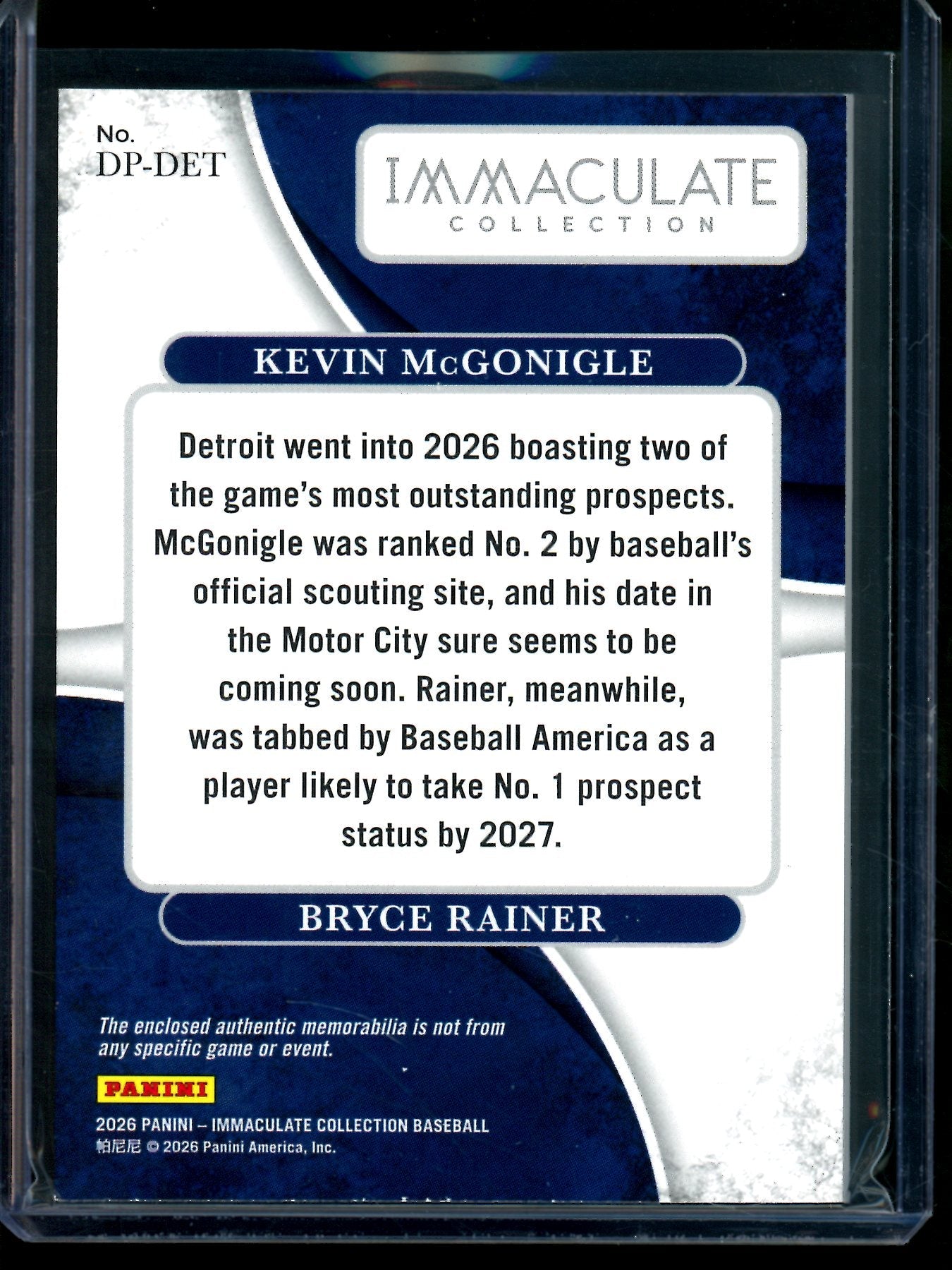2026 Panini Immaculate Kevin McGonigle / Bryce Rainer Dual Jersey Relic /99 Tigers