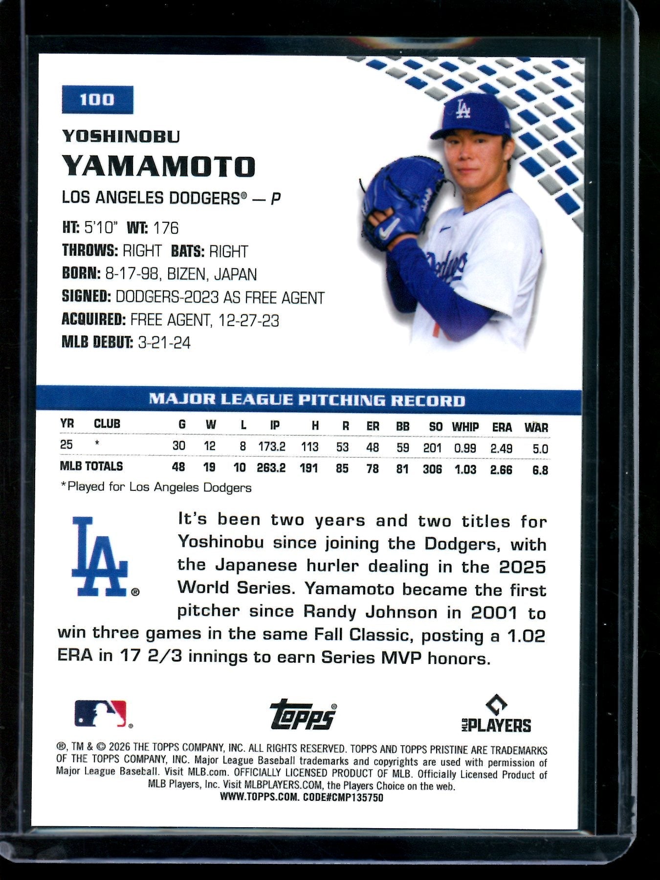 2026 Topps Pristine Yoshinobu Yamamoto Blue Refractor /75 Dodgers
