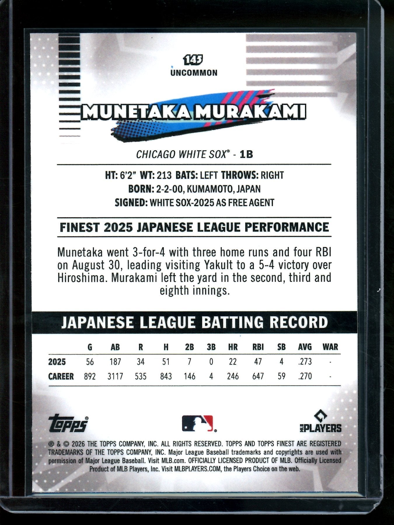 2026 Topps Finest Munetaka Murakami Pink Mini Diamond Refractor /250 White Sox