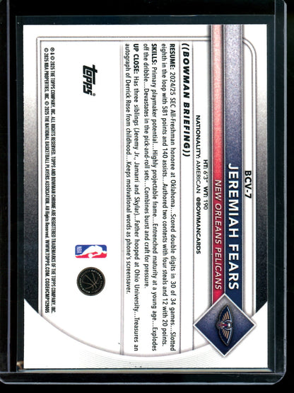 2025 Bowman Chrome Jeremiah Fears Rookie Blue Shimmer /150 Pelicans