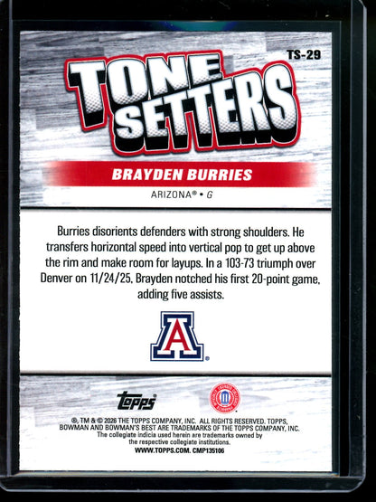 2026 Bowman Chrome U Brayden Burries Tone Setters /75 Arizona