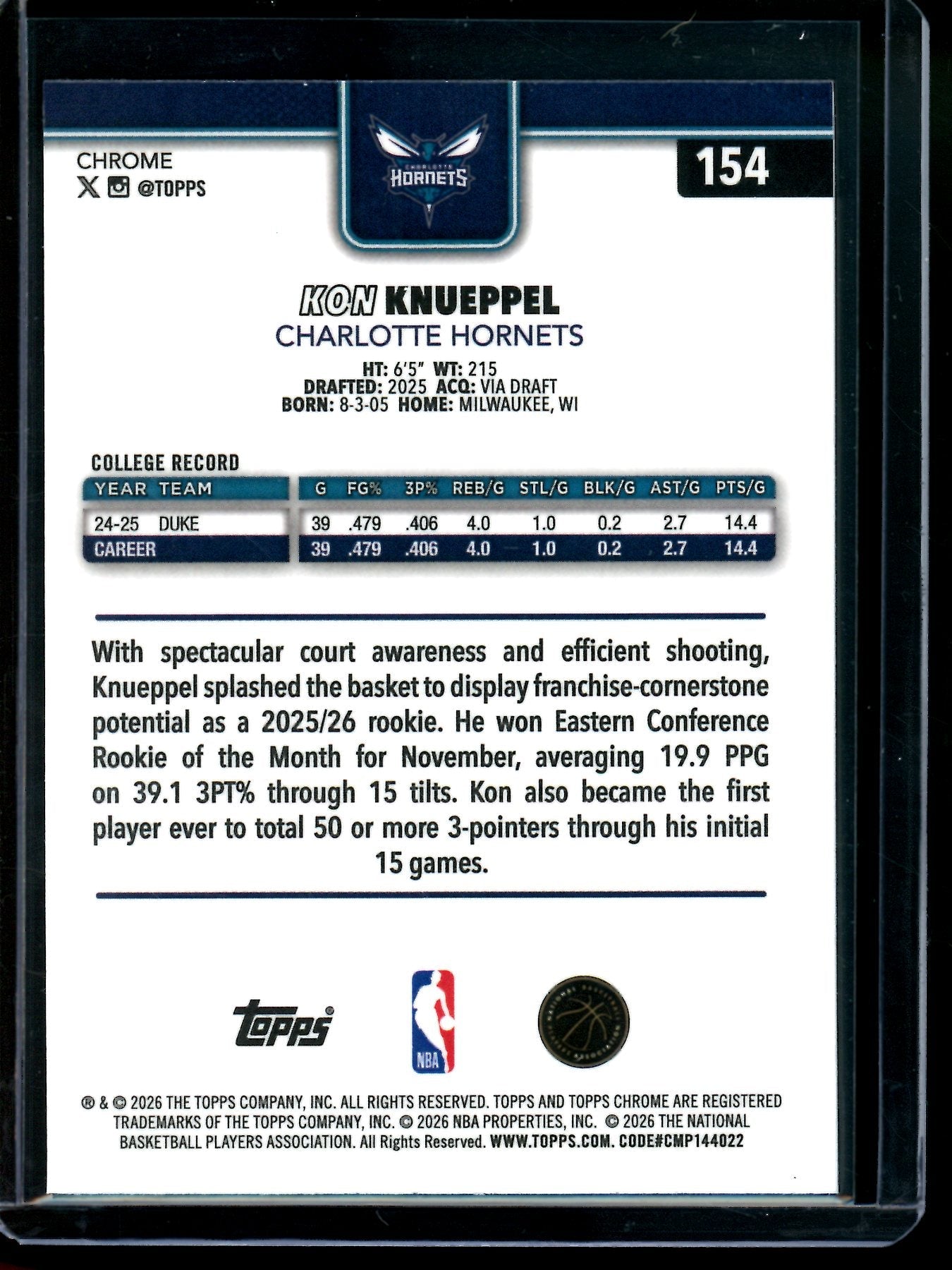 2026 Topps Chrome Kon Knueppel Blue RayWave Refractor Rookie /150 Hornets