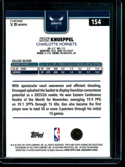 2026 Topps Chrome Kon Knueppel Blue RayWave Refractor Rookie /150 Hornets