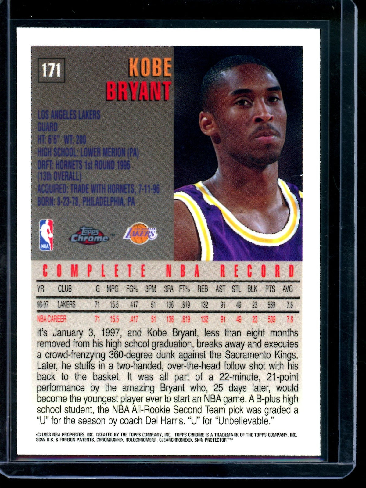 1997 Topps Chrome Kobe Bryant #171 Lakers