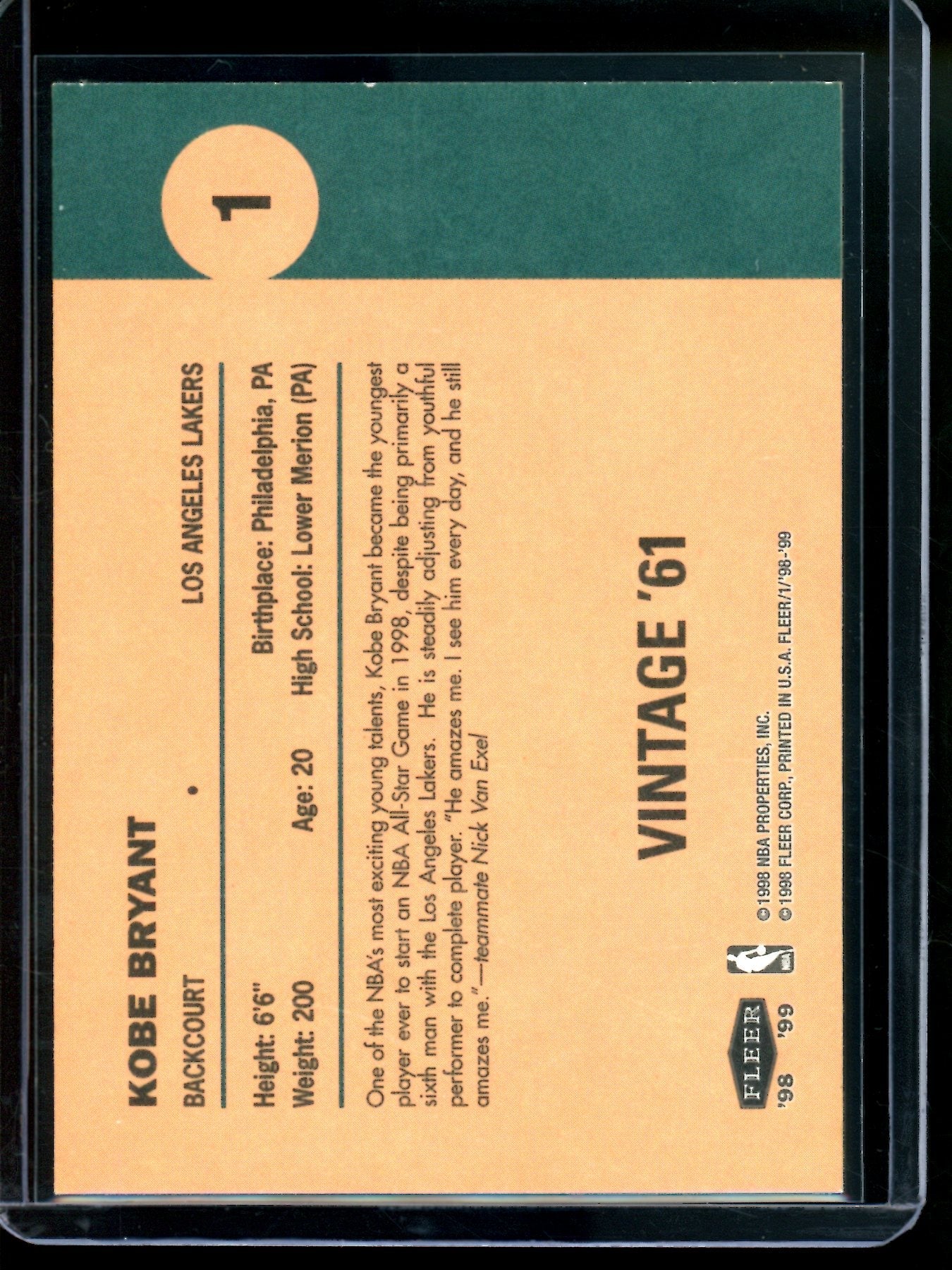 1998 Fleer Kobe Bryant Vintage 61' Lakers