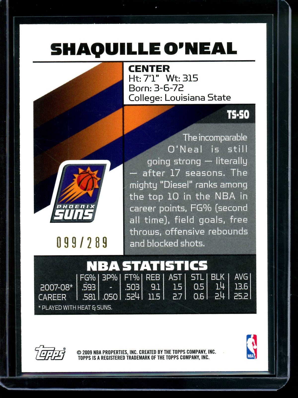 2009 Topps Signature Shaquille O'Neal /289 Suns