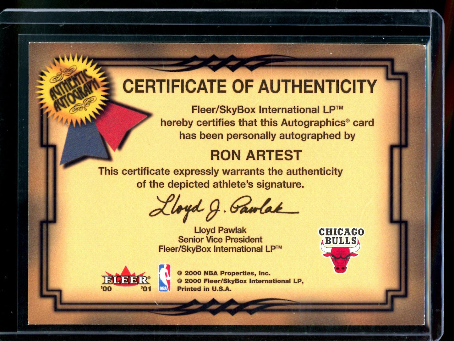 2000 Fleer Autographics Ron Artest Autograph Bulls
