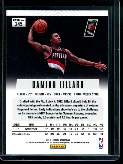 2012 Panini Prizm Damian Lillard Rookie Card #245 Trailblazers