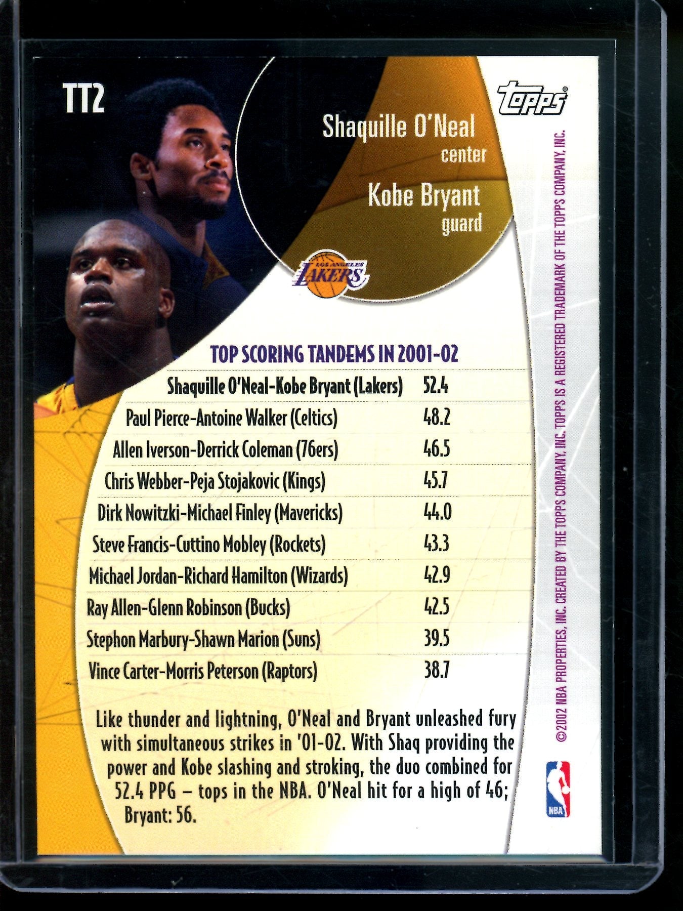 2002 Topps Kobe Bryant / Shaquille O'Neal Top Tandems Foil Lakers