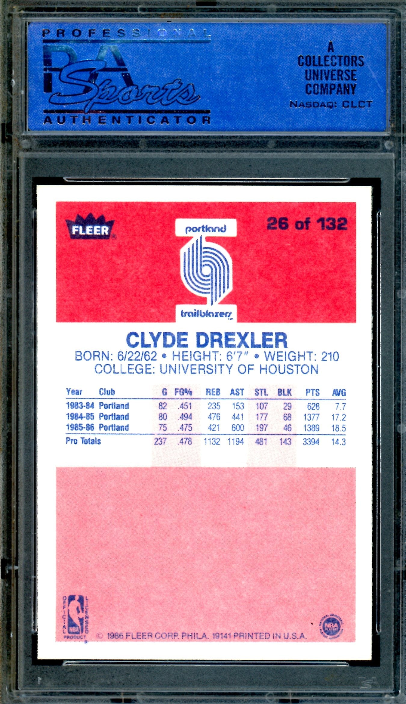 1986 Fleer Clyde Drexler Rookie #26 PSA 9 Trailblazers