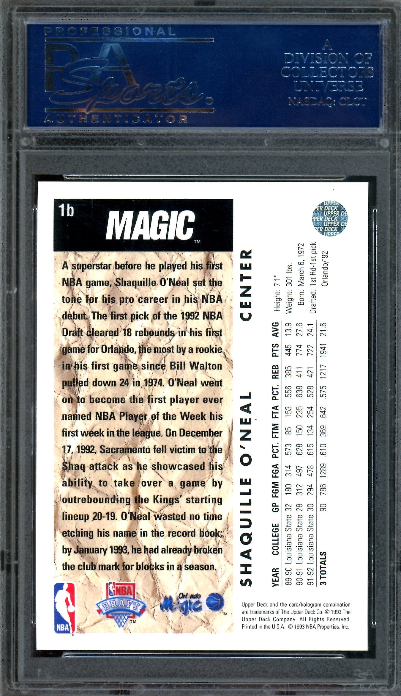 1992 Upper Deck Shaquille O'Neal Trade Card #1b PSA 8 Magic