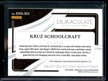 2026 Panini Immaculate Kruz Schoolcraft Draft Picks Number Autograph /99 Padres