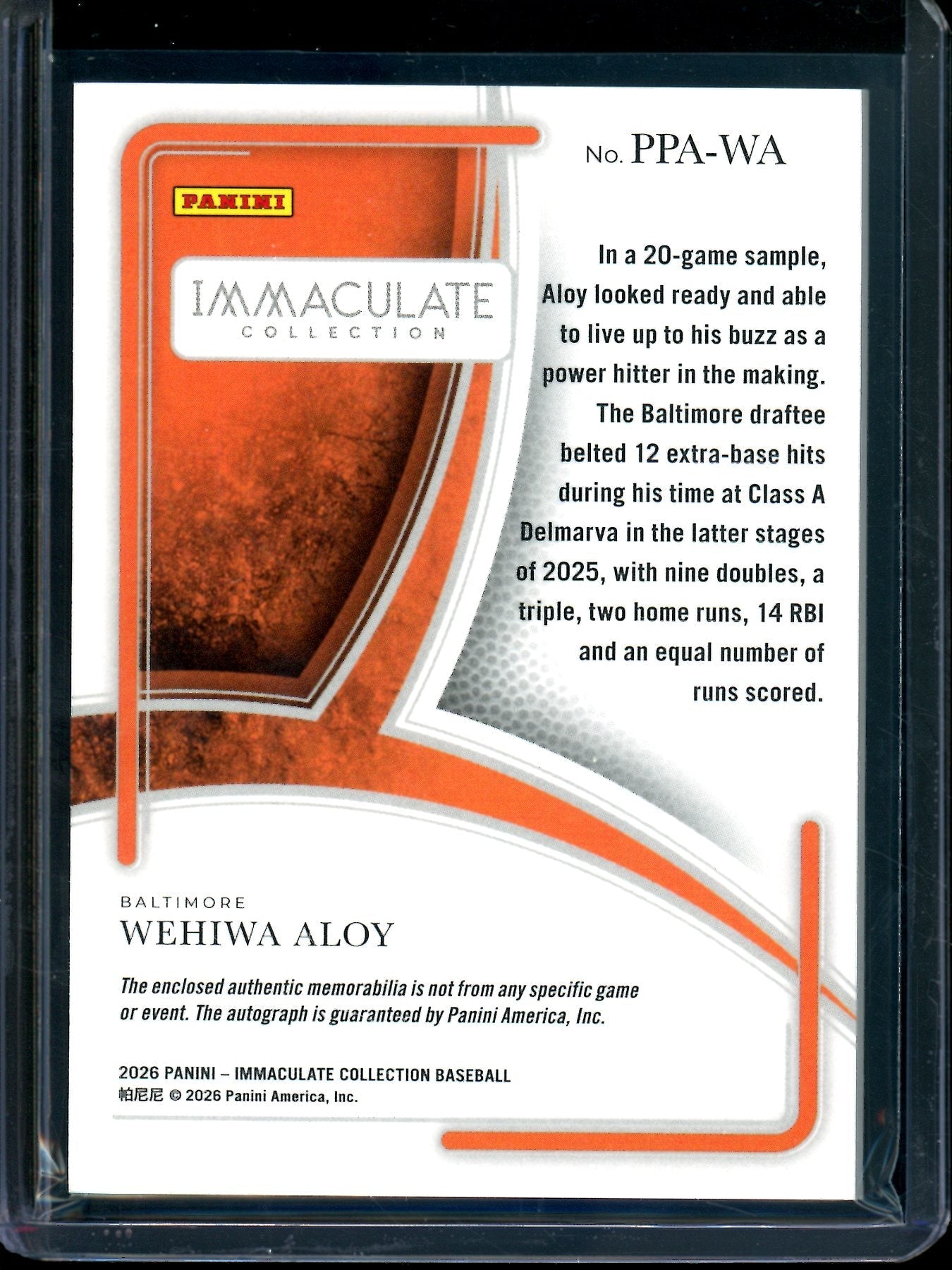 2026 Panini Immaculate Wehiwa Aloy Prospect Patch Autograph /99 Orioles