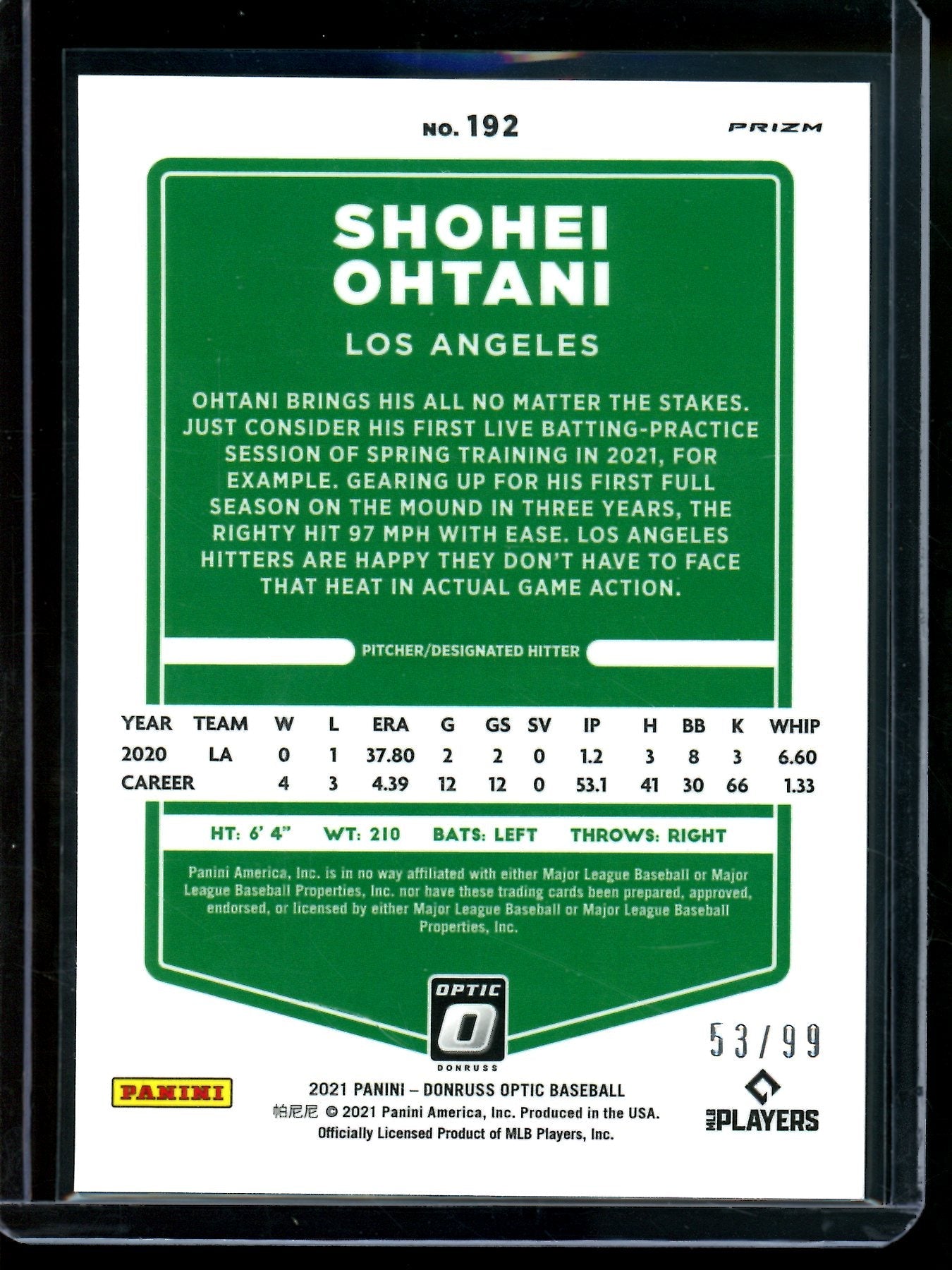 2021 Panini Optic Shohei Ohtani Blue Lazer /99 Angels / Dodgers