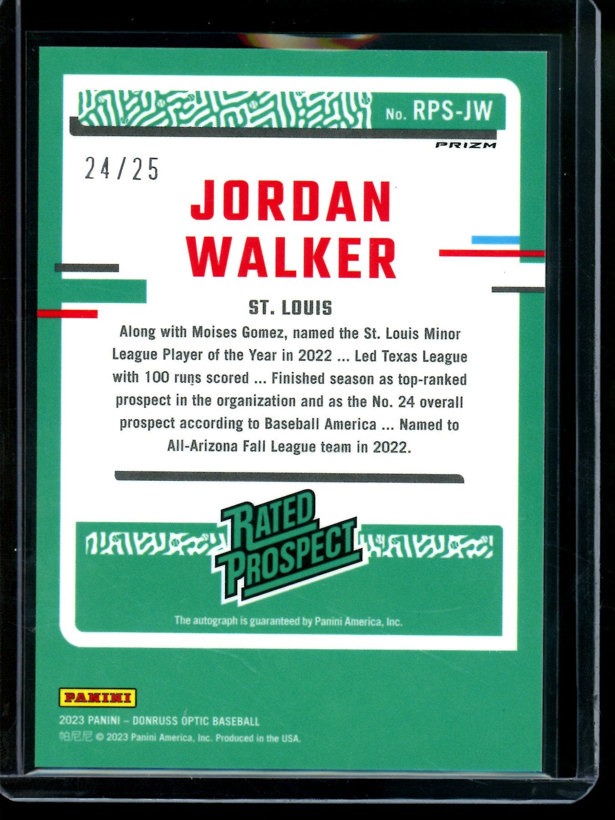 2023 Panini Optic Jordan Walker Blue Rated Prospect Autograph /25 Cardinals