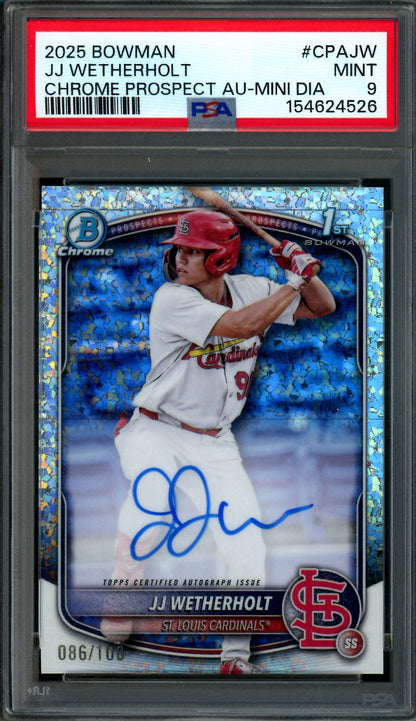 2025 Bowman Chrome JJ Wetherholt 1st Mini Diamond Autograph /100 PSA 9 Cardinals
