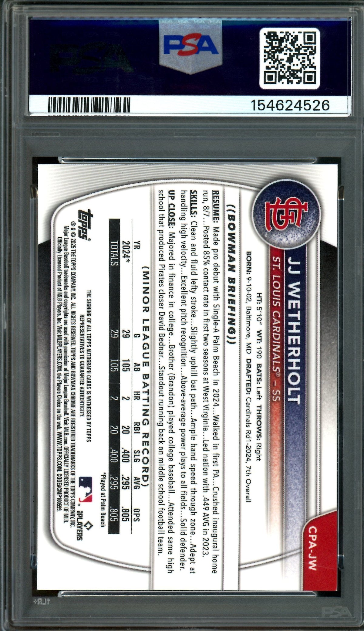2025 Bowman Chrome JJ Wetherholt 1st Mini Diamond Autograph /100 PSA 9 Cardinals