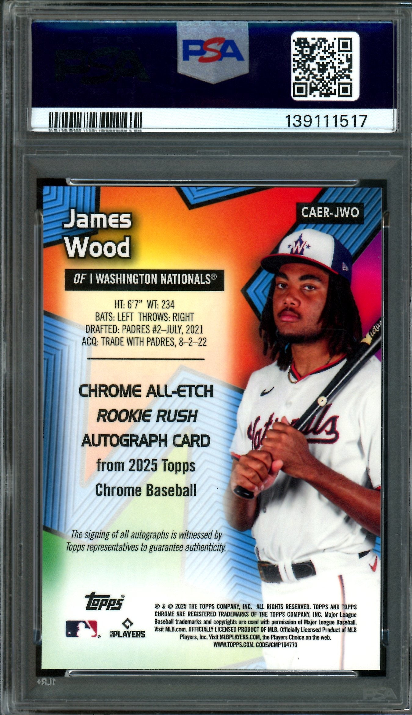 2025 Topps Chrome James Wood All-Etch Rookie Rush Autograph Orange /25 PSA 10 Nationals