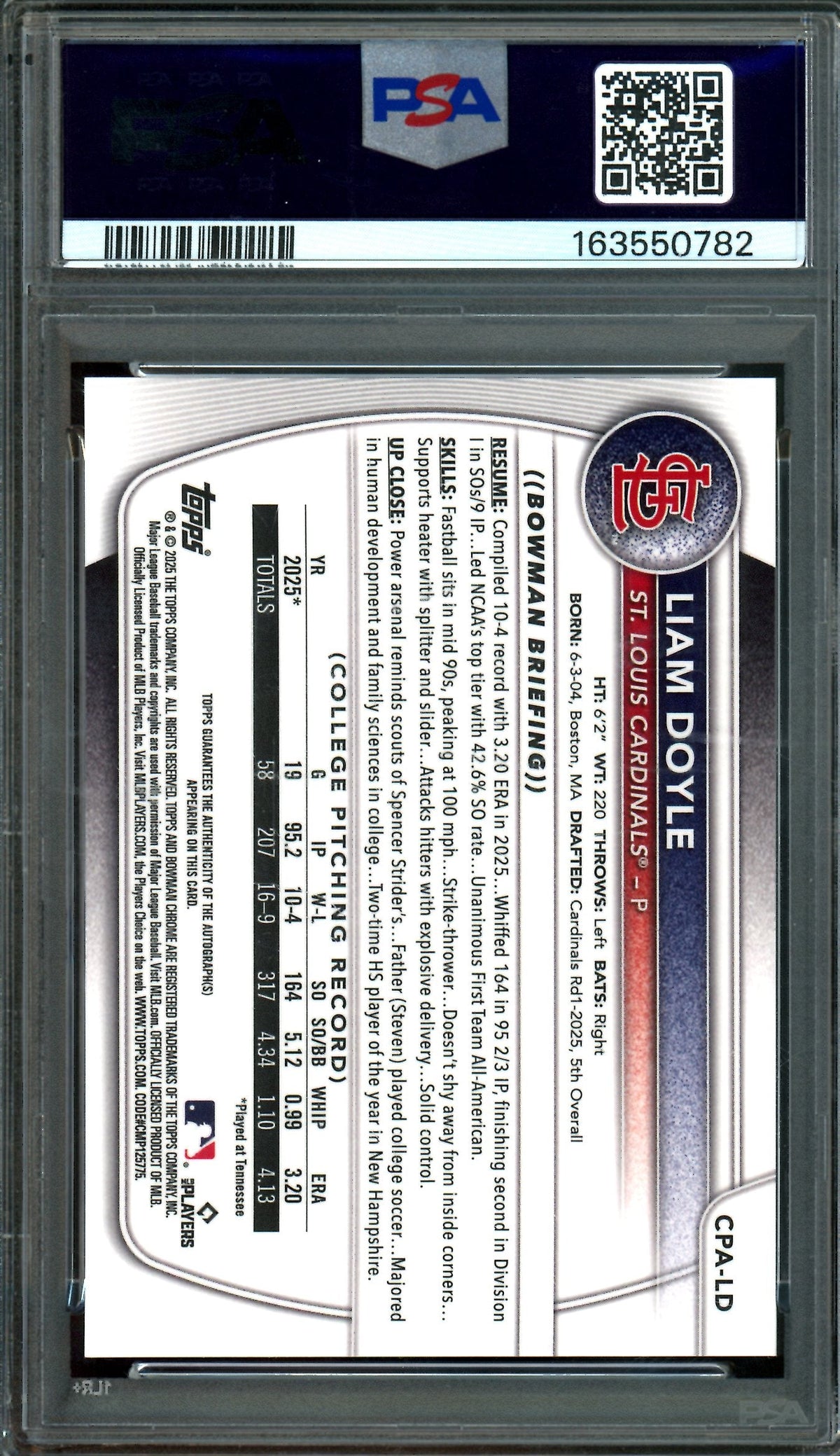 2025 Bowman Chrome Liam Doyle 1st Autograph PSA 10 Cardinals