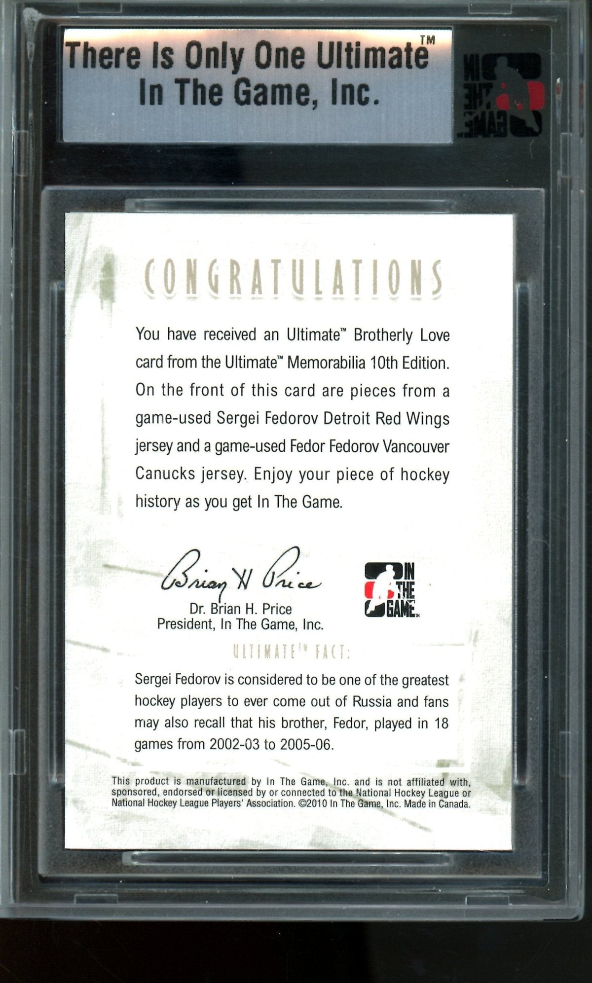 2010 In the Game Sergei Fedorov / Fedor Fedorov Brotherly Love Encased Relics 1/1 Redwings - Trading Card Market