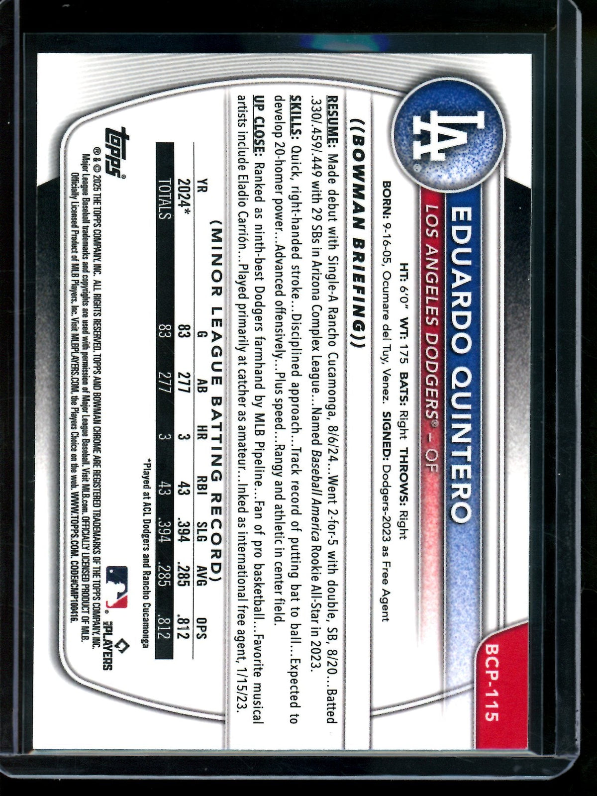 2025 Bowman Chrome Eguardo Quintero 1st Blue Refractor /150 Dodgers - Trading Card Market