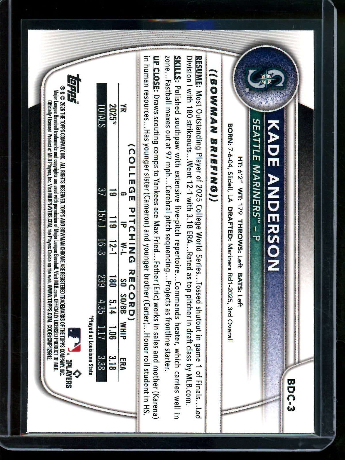 2025 Bowman Chrome Kade Anderson 1st Lazer Refractor Mariners - Trading Card Market
