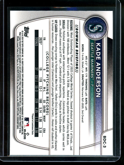 2025 Bowman Chrome Kade Anderson 1st Lazer Refractor Mariners - Trading Card Market