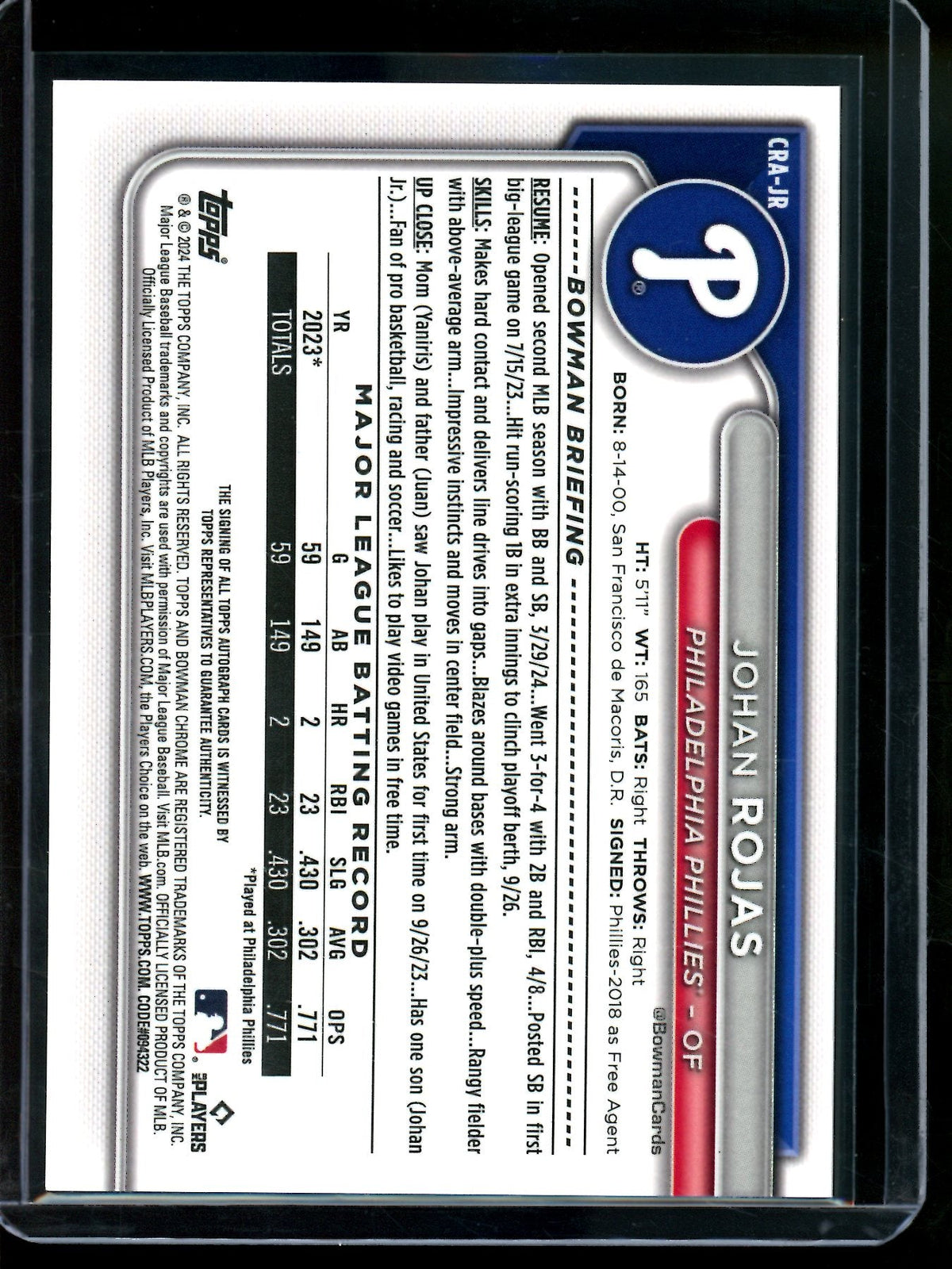 2024 Bowman Chrome Johan Rojas Orange Mojo Rookie Autograph /25 Phillies - Trading Card Market