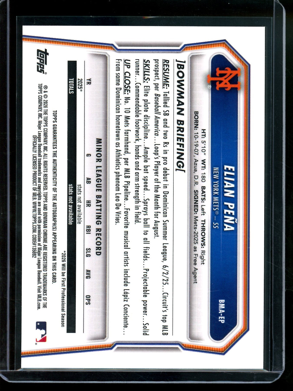 2026 Bowman Chrome Elian Pena Mojo Autograph Mets - Trading Card Market