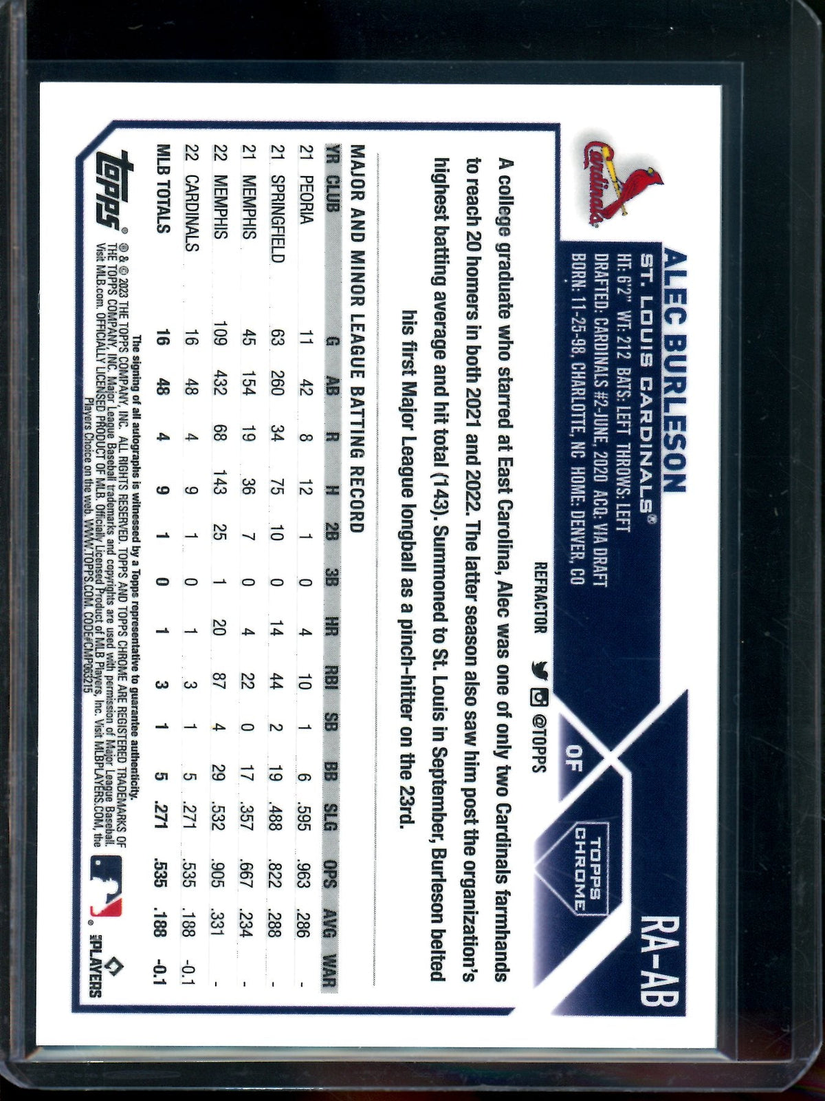 2023 Topps Chrome Alec Burleson Refractor Rookie Autograph /499 Cardinals - Trading Card Market