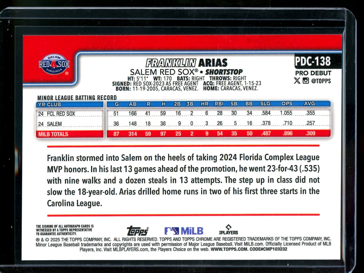 2025 Topps Pro Debut Franklin Arias Refractor Autograph /199 Red Sox - Trading Card Market