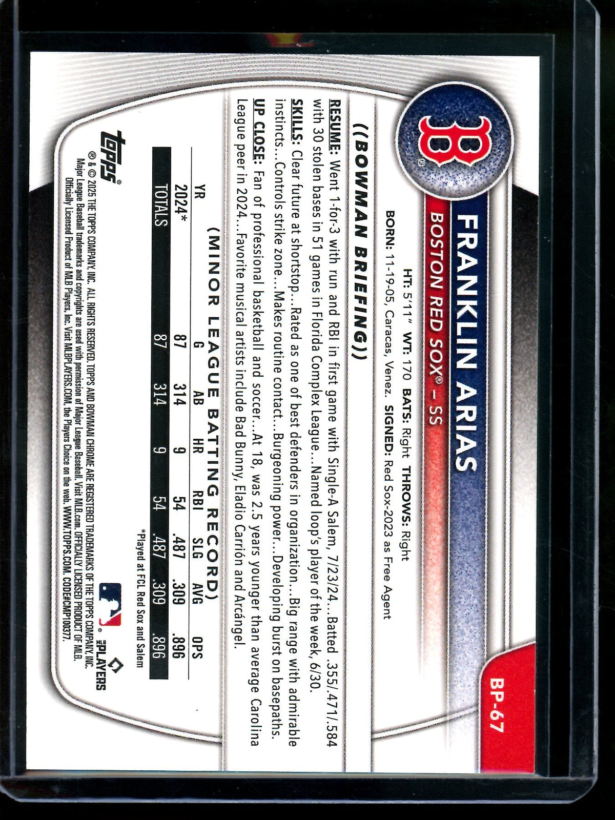 2025 Bowman Franklin Arias 1st Green /99 Red Sox - Trading Card Market