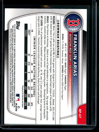 2025 Bowman Franklin Arias 1st Green /99 Red Sox - Trading Card Market