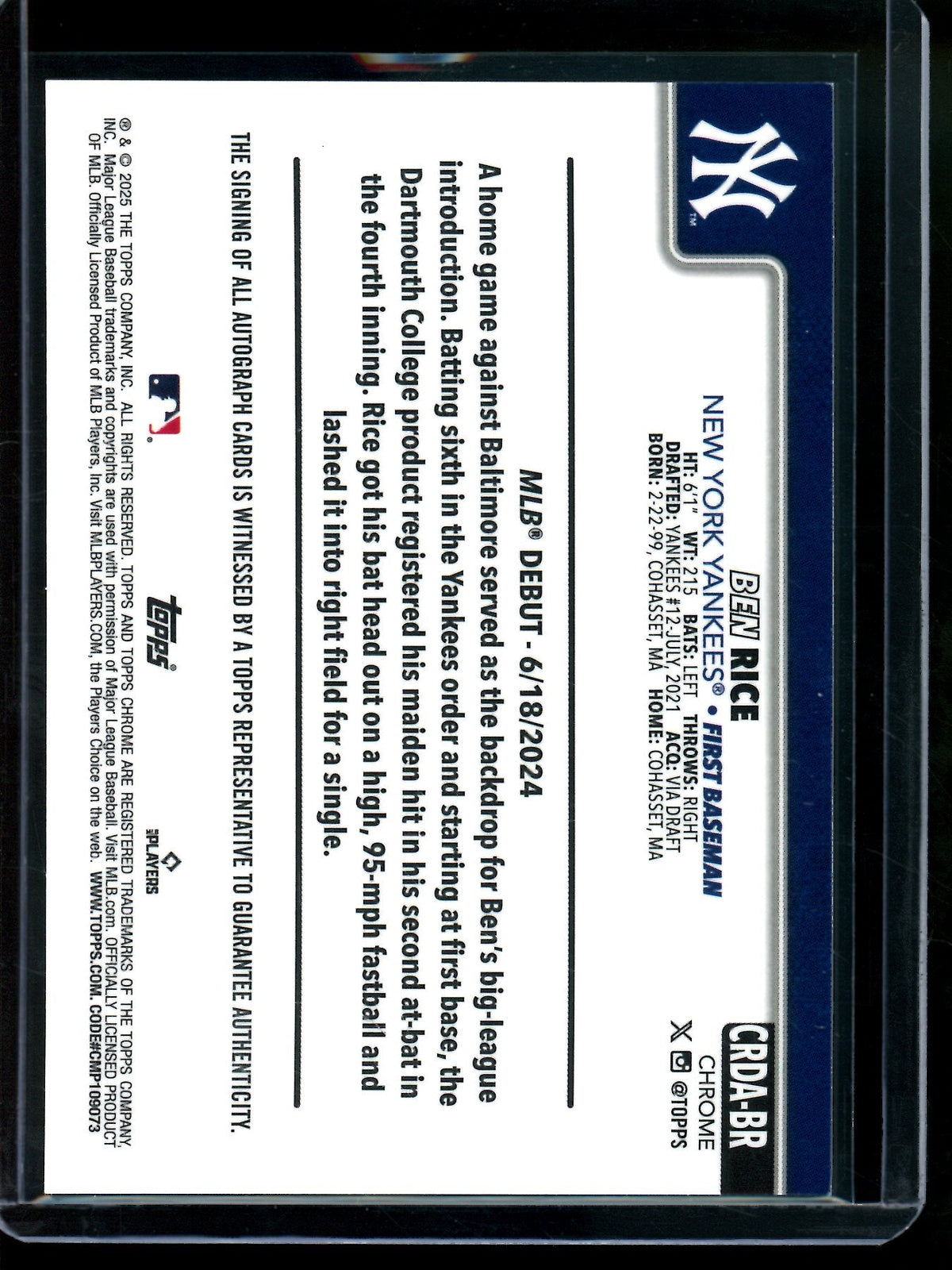 2025 Topps Chrome Ben Rice Aqua Wave Rookie Autograph /199 Yankees - Trading Card Market