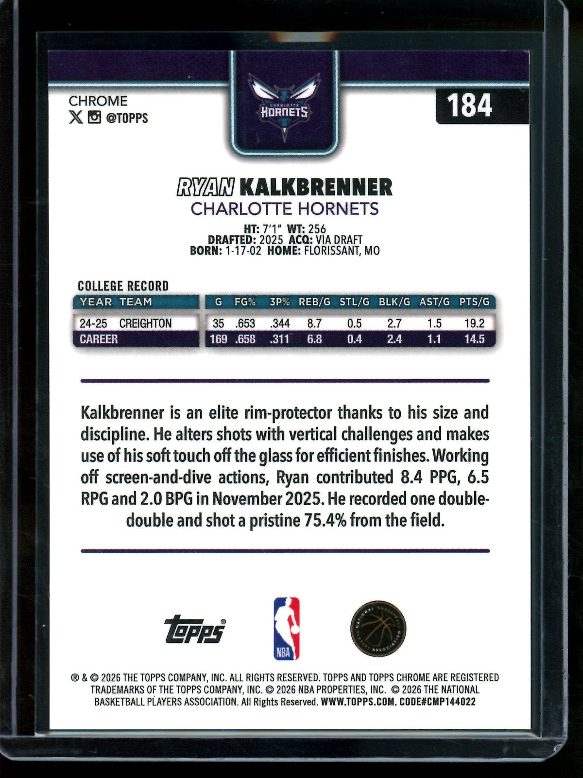 2026 Topps Chrome Update Ryan Kalkbrenner Rookie Red Refractor /5 Hornets - Trading Card Market
