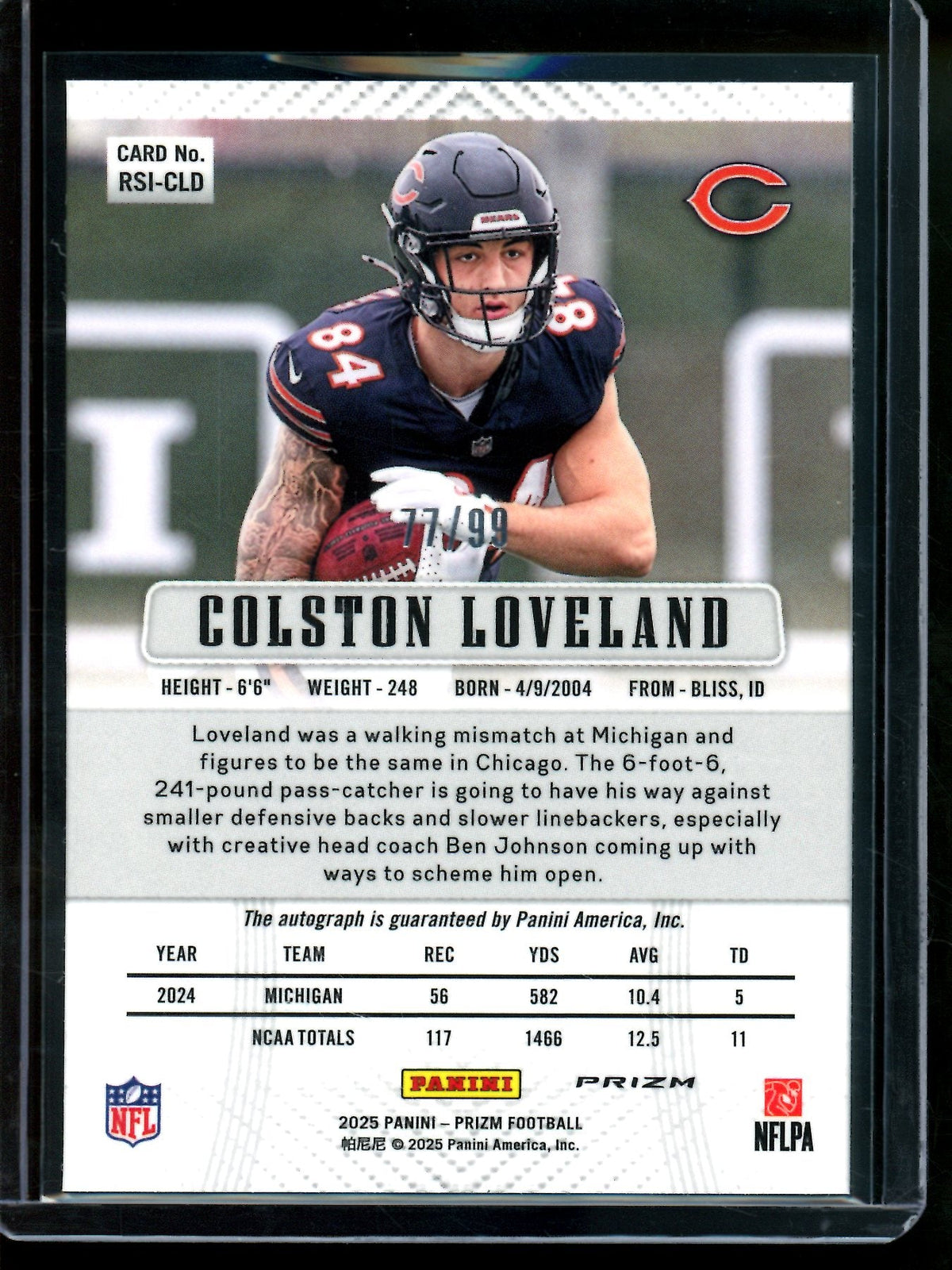 2025 Panini Prizm Colston Loveland Blue Ice Autograph /99 Bears - Trading Card Market
