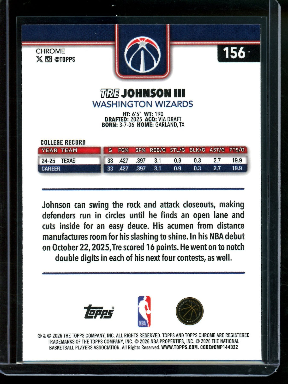2026 Topps Chrome Tre Johnson III Image Variation Rookie Wizards - Trading Card Market